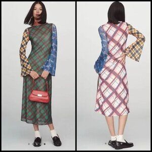 Anthropologie ✨ CeliaB Ixora Midi Slip Dress Multi plaid bell sleeve Mesh maxi S